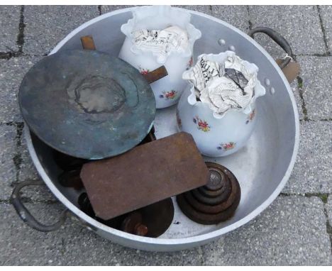 A large galvanised metal twin handled pan, together with scales and two glass light shades