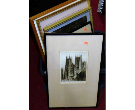 Assorted pictures and prints, to include York Minster etching