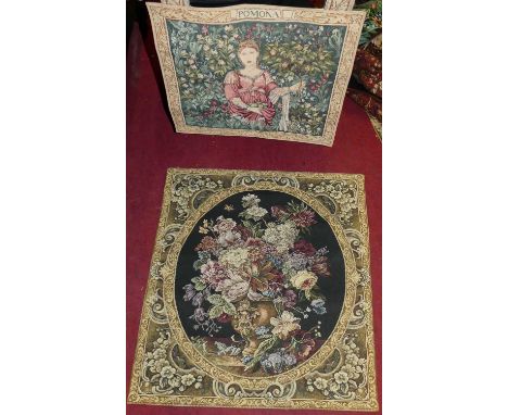 A collection of medieval style tapestry banners, with metal and brass poles, altar cloth etcCondition report: No visible dama