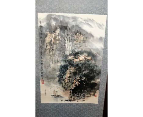 A Chinese hanging scroll, decorated in watercolour with coastal landscape, watercolour dimensions 66 x 43cm, signed and with 