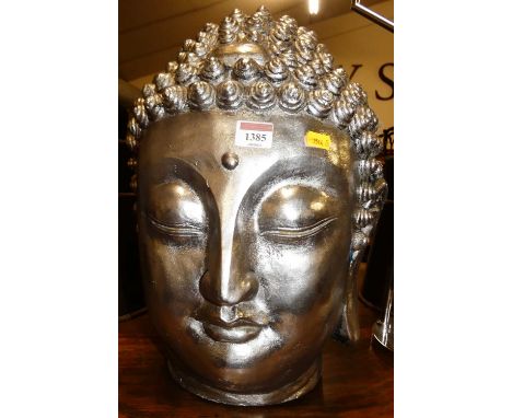 A contemporary silvered ceramic Buddha head, h.42cm