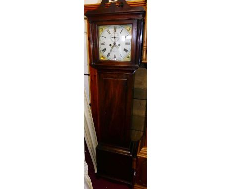 An early 19th century provincial mahogany longcase clock, the painted square dial signed James Farnham, having twin winding h