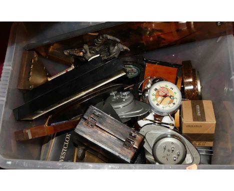 One box of various clocks, to include an oak cased barometer amongst others