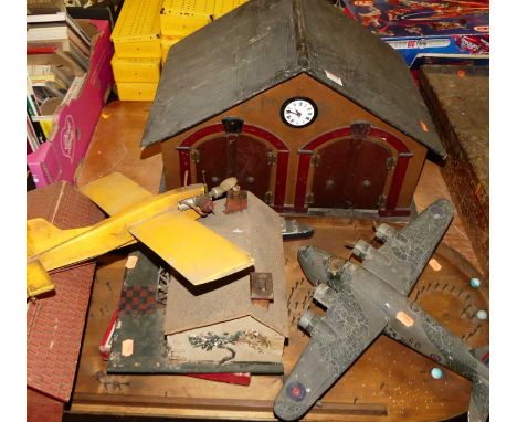 A mixed lot of various children's toys to include a vintage wooden Bagatelle, two various balsa wood and hard wood scratch bu