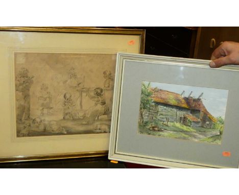Two engraved portrait studies, topographical engraving, Jean Plouviez - Oasts in Great Dixter watercolour, and an interior sc