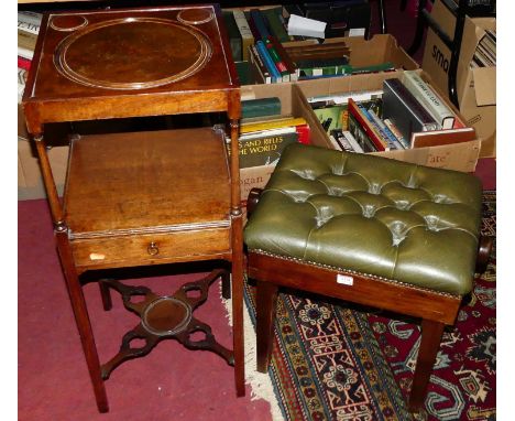 A mahogany and green leather buttoned upholstered piano stool, having adjustable rise-and-fall action, w.45cm; together with 