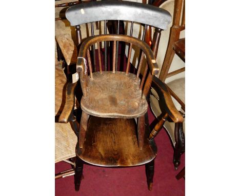 A Victorian mahogany spoonback open armchair, together with an early 20th century elm seat and beech stickback farmhouse armc