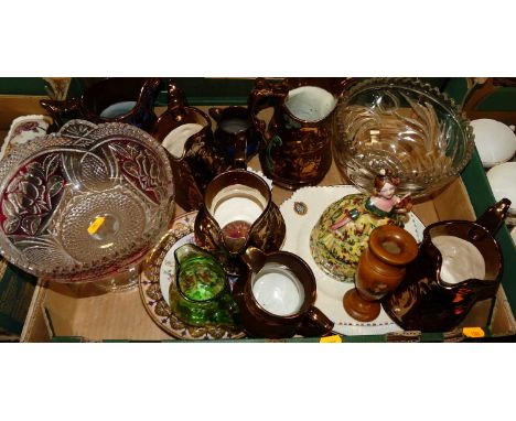 One box of mixed effects to include copper glazed ceramic graduated jugs, a Bohemian style ruby red glass comport and other m