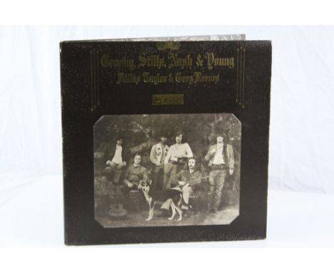 Vinyl - Crosby Stills Nash &amp; Young - Déjà vu (Atlantic 2401 001) plum/red label, stick on photograph.  Sleeve &amp; Vinyl