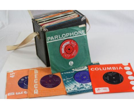 Vinyl - Collection of approximately 40 Pop 45s mostly from the 60s in a vintage record case, artists include The Rolling Ston