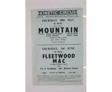 Music Memorabilia - Flyer for Kinetic Circus in Birmingham.  Top half advertising Mountain playing Thursday 20th May 1971 wit