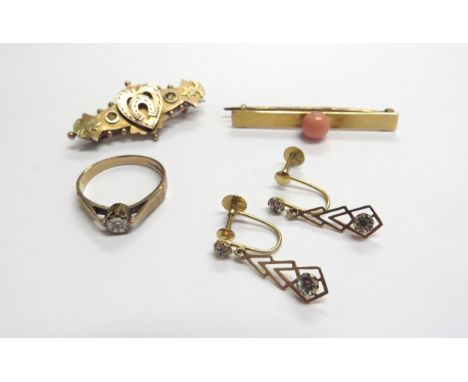 A 9ct gold brooch, dented, coral bar brooch, 9ct gold illusion set diamond ring and a pair of earrings stamped 9ct, 7.2g tota