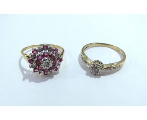 A 9ct gold diamond and ruby cluster ring, size O and a 9ct gold illusion set diamond ring, size P, 4.1g