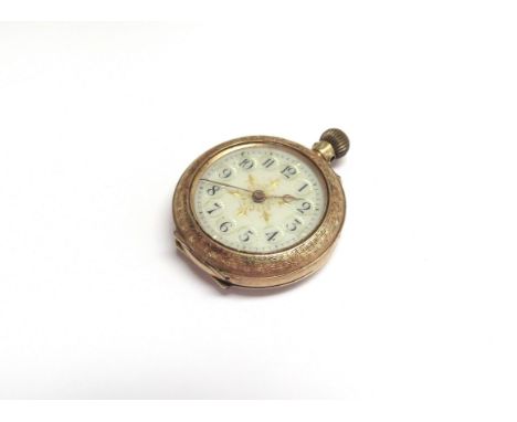 A gold pocket watch with floral enamel decoration, stamped 14k, 18g total