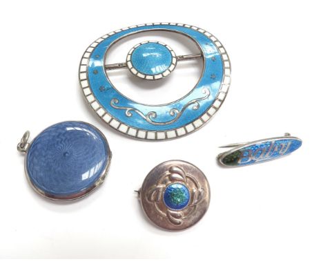 A Charles Horner silver enamelled brooch, guilloche pendant, enamel "Baby" brooch and an enamel brooch made from a buckle (4)