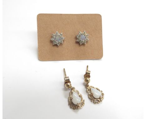 Two pairs of 9ct gold earrings including opal drops and opal flower clusters