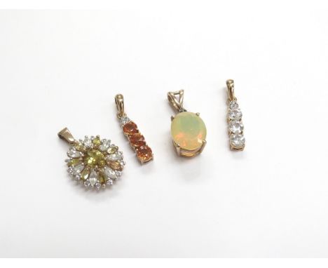Four 9ct gold pendants including yellow opal, diamond and citrine, 7.5g total