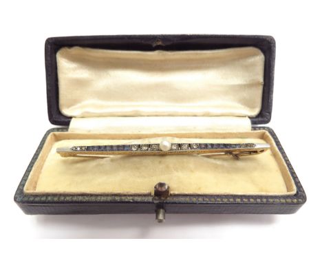 An Art Deco diamond and sapphire bar brooch with central pearl, 7cm long, unmarked gold, 4.3g, in fitted box