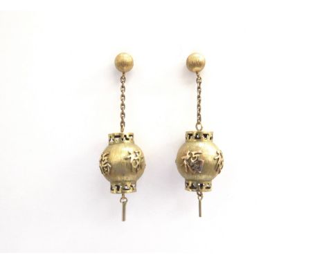 A pair of gold earrings as Chinese lanterns with character mark to post, marked 14k, 5cm drop, 9.6g