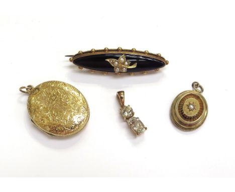 A 9ct gold Csarite and diamond pendant, oval pendant set with a single pearl, engraved locket and a Victorian memoriam brooch