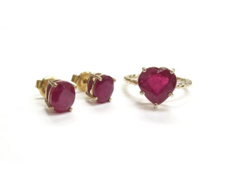 A 9ct gold ring with a heart shaped ruby. Size O and a pair of red stone stud earrings stamped 9ct, 4.7g