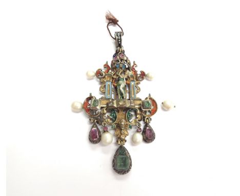 A 16th Century style enamel pendant with female playing a lyre to centre flanked by columns in pale blue enamel, studded with