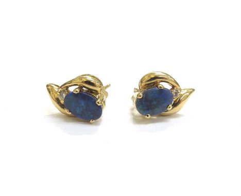 A pair of black opal and diamond earrings, stamped 18k, 3g
