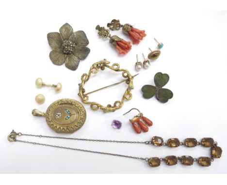 A gilt brooch as entwined snakes, Victorian gilt locket, "Miracle" floral brooch, a single coral earring, silver clover brooc