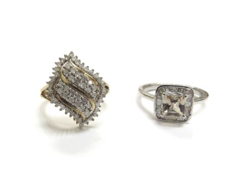 A diamond cluster ring, stamped 925 and a baguette diamond and pale yellow stone ring, stamped 925, sizes J/K and N/O, 6.3g