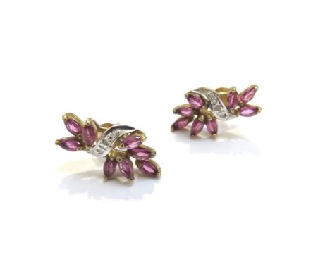 A pair of ruby and diamond cluster earrings, 2.3g