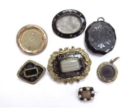 Seven various memorial brooches/pendants including jet portrait brooch, agate and woven hair panel etc