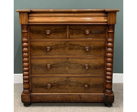 VICTORIAN MAHOGANY CHEST OF SIX DRAWERS, probably Scottish, the inverted breakfront top over a shaped upper secret drawer ove