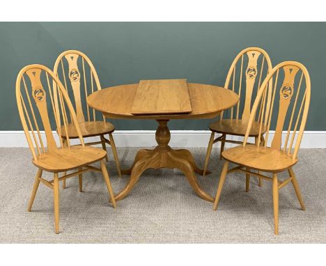 ERCOL LIGHT ELM DINING SUITE, comprising 'Chester' pedestal extending dining table with additional leaf, 73.5cms H, 98cms W, 