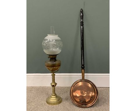 GOTHIC-STYLE BRASS OIL LAMP &amp; LONG HANDLED COPPER WARMING PAN, the brass twist column to the lamp set with red cabochon g
