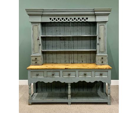 REPRODUCTION COUNTRY HOUSE POT-BOARD DRESSER in painted pine, stripped back top to the base, inverted stepped cornice and pie