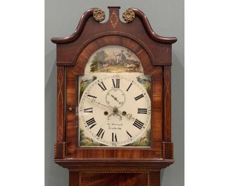 JAMES BURROUGHS IRONBRIDGE INLAID OAK &amp; MAHOGANY LONGCASE CLOCK, hunt scene hand painted arched top dial set with Roman n