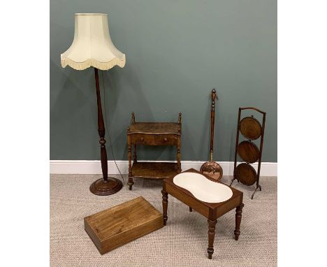 GROUP OF ANTIQUE / VINTAGE FURNITURE comprising a burr walnut serpentine front single drawer whatnot on brass castors, mahoga