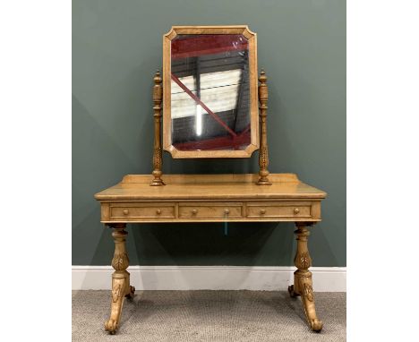 VICTORIAN BIRD'S EYE MAPLE DRESSING TABLE, having a shaped cushion moulded mirror on acanthus leaf carved and turned uprights