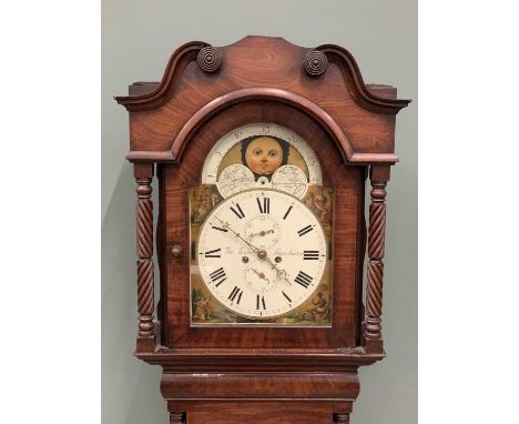 19TH CENTURY MAHOGANY LONGCASE CLOCK BY THOMAS TAYLOR OF MANCHESTER , arched top moon phase dial with exotic figures and anim