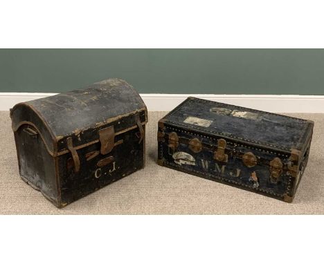 TWO VINTAGE STEAMER TRUNKS, a rectangular example in blue with metal mounts, bearing label for Watajoy, London made and trace