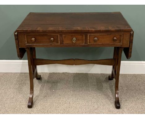 EARLY 19TH CENTURY MAHOGANY SOFA TABLE, having a twin flap crossbanded top over three frieze drawers, with turned wooden and 