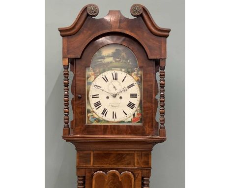 VICTORIAN MAHOGANY LONGCASE CLOCK BY W UNDERHILL, NEWPORT, the arched top dial with painted countryside scene and bonneted la