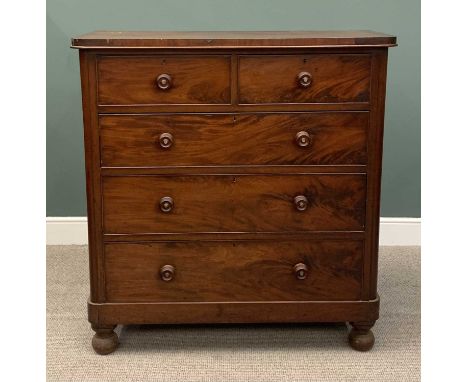 VICTORIAN MAHOGANY CHEST OF TWO SHORT OVER THREE LONG OAK LINED DRAWERS, having cockbeaded edgings and turned wooden knobs wi