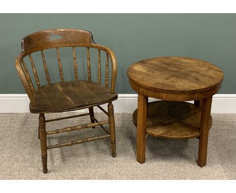 TWO ITEMS OF VINTAGE OAK FURNITURE comprising a spindle back tub-type office chair on turned supports with cross stretchers, 