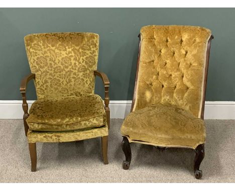 TWO ANTIQUE / VINTAGE UPHOLSTERED PARLOUR CHAIRS in similar gold draylon upholstery, the first being a Victorian walnut examp