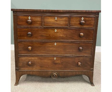 MID 19TH CENTURY MAHOGANY CHEST OF THREE SHORT OVER THREE LONG OAK LINED DRAWERS having cockbeaded edging and turned wooden k