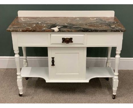 VINTAGE WHITE PAINTED WASHSTAND WITH PINK MARBLED RAILBACK TOP, single frieze drawer and lower cupboard door with shaped open