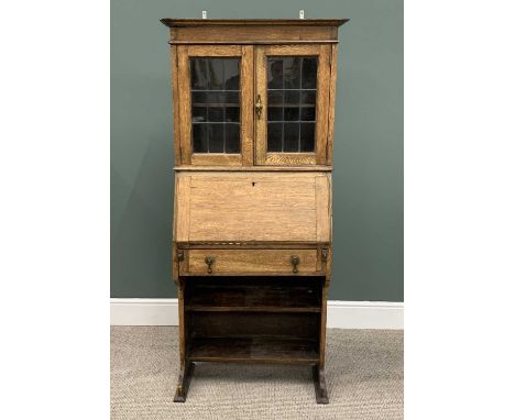 NARROW VINTAGE OAK BUREAU BOOKCASE having twin leaded glazed upper doors with interior shelf, lower fall with interior pigeon