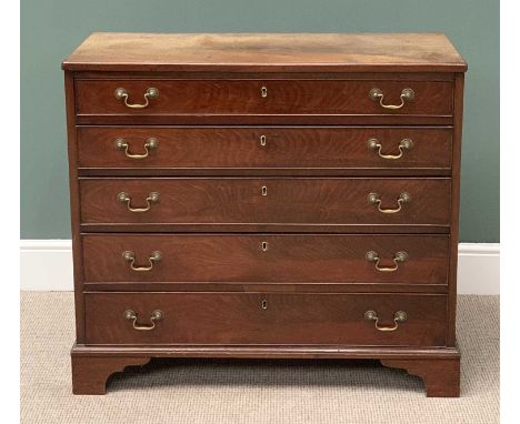 ANTIQUE MAHOGANY CHEST OF FIVE LONG DRAWERS with brass swan neck handles, on bracket supports, 90cms H, 101cms W, 43cms D