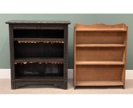 VINTAGE BOOKCASES (2), a carved front example, 103cms H, 92cms W, 31cms D and the other light wood, 99cms H, 76cms W, 17cms D